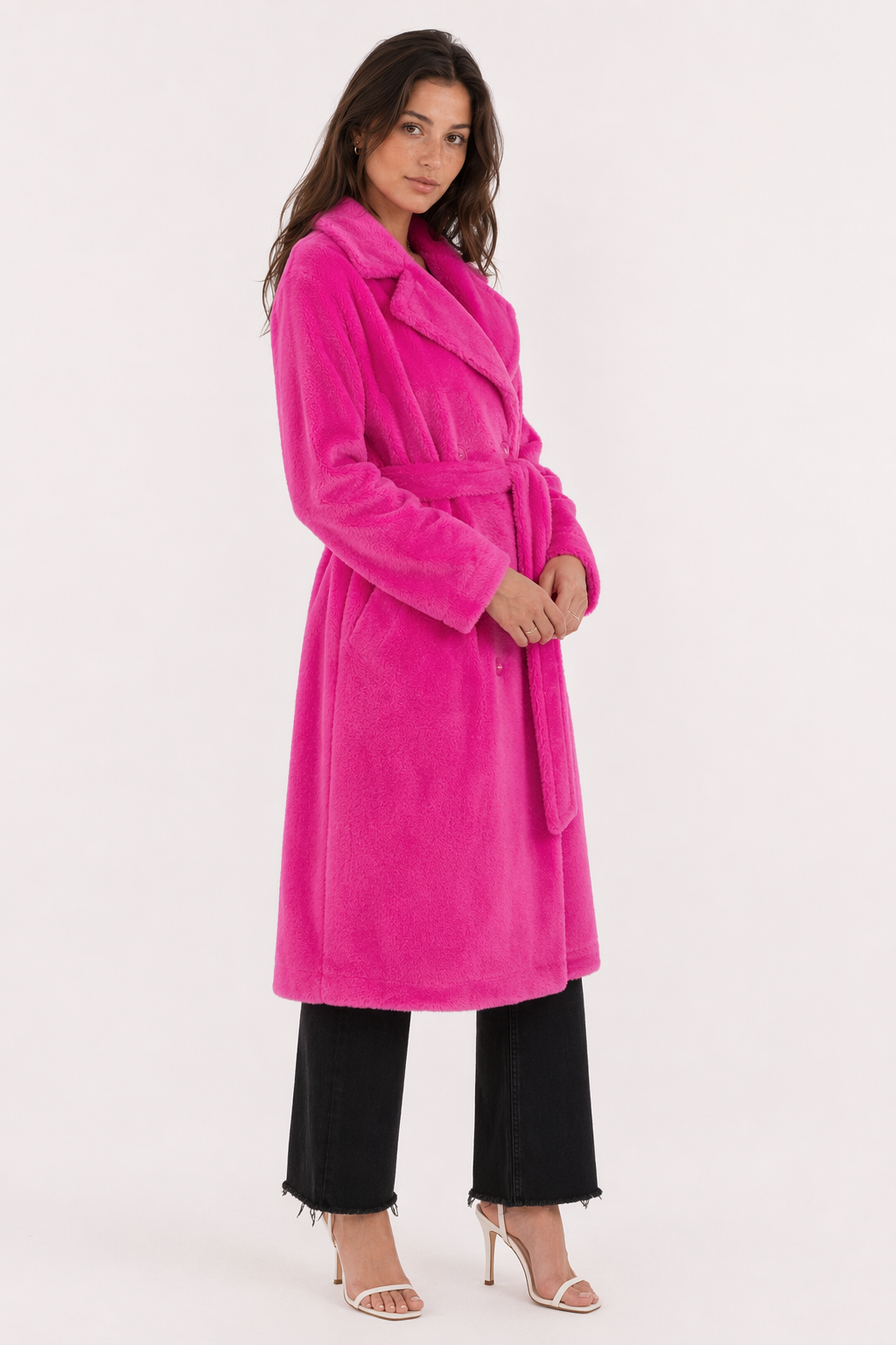 Faux Fur Belted Trench Coat for Women Pink