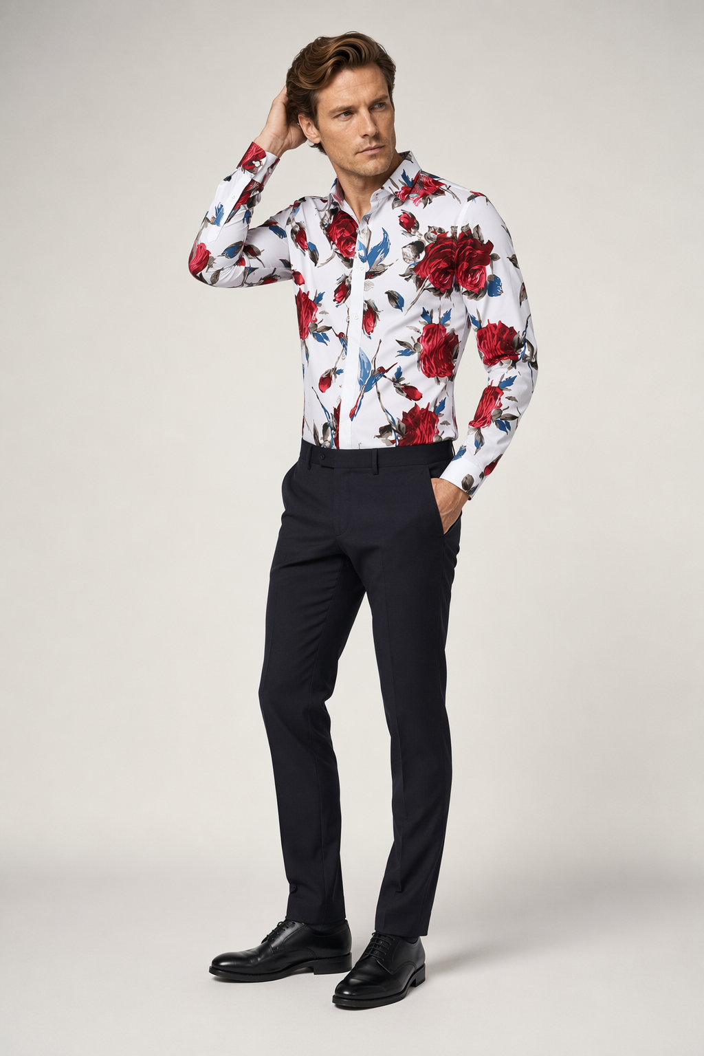 Long Sleeve Red Floral Men's Shirt Default