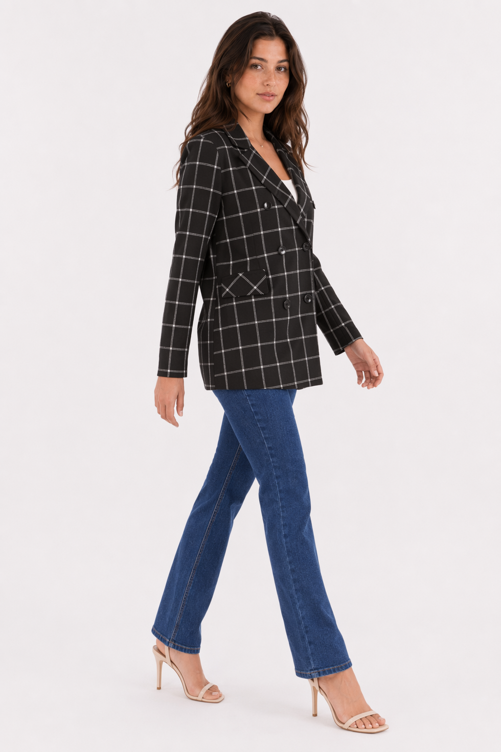 Black Checkered Double Breasted Blazer for Women Default
