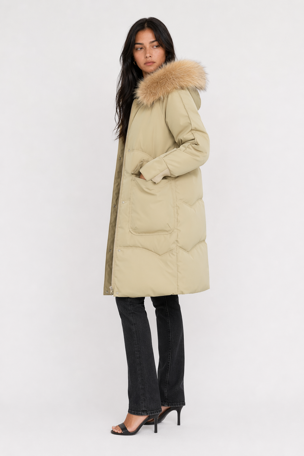 Furry Hooded Zip-Up Jacket for Women with Spacious Pockets and Mid-Length Cut Khaki
