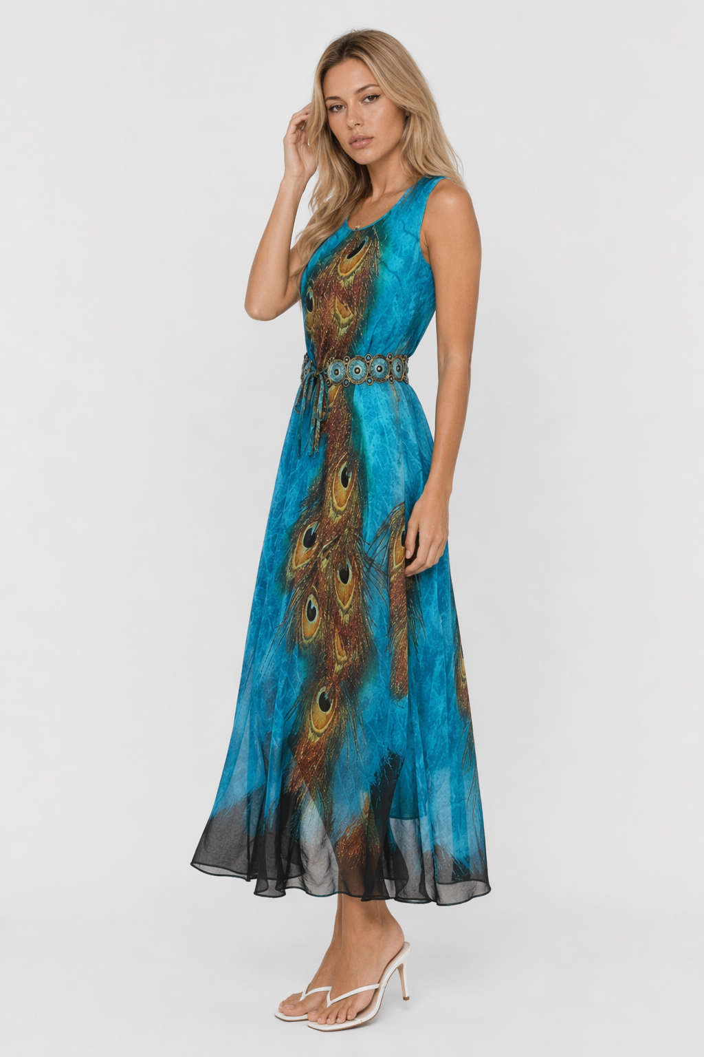 Peacock Sleeveless Dress with Long One Piece Design Default