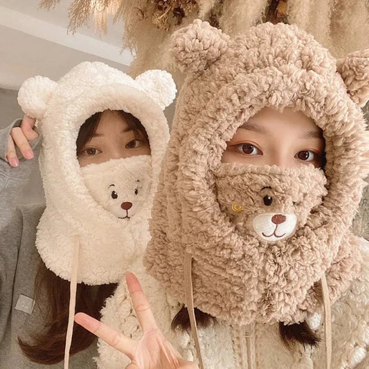 Cartoon Hat with Scarf Attachment for Cold Weather: cream white, light brown bear, cute cartoon kawaii style