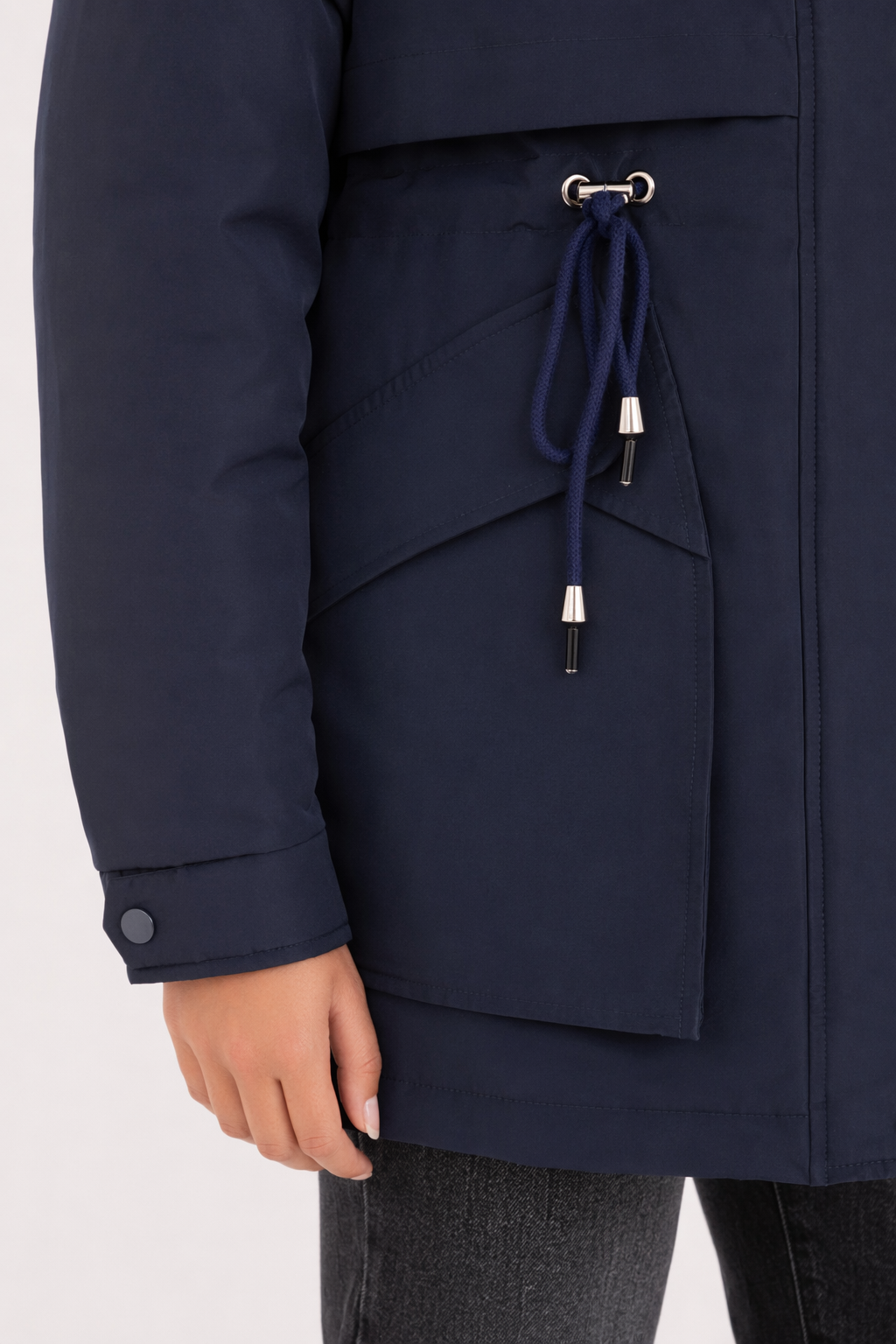 Faux Fur Hooded Women's Jacket with Adjustable Waist Tie Navy