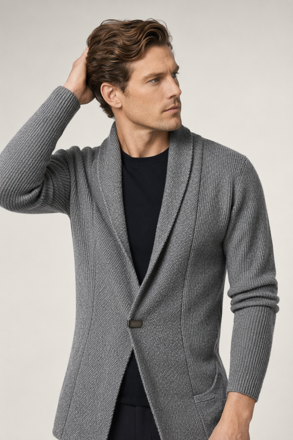 Single Button Men's Mid-Length Cardigan Gray