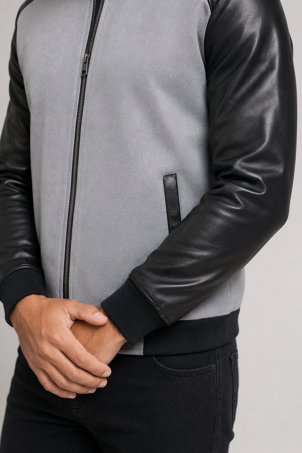 Vegan Leather Sleeves Men's Bomber Jacket Gray