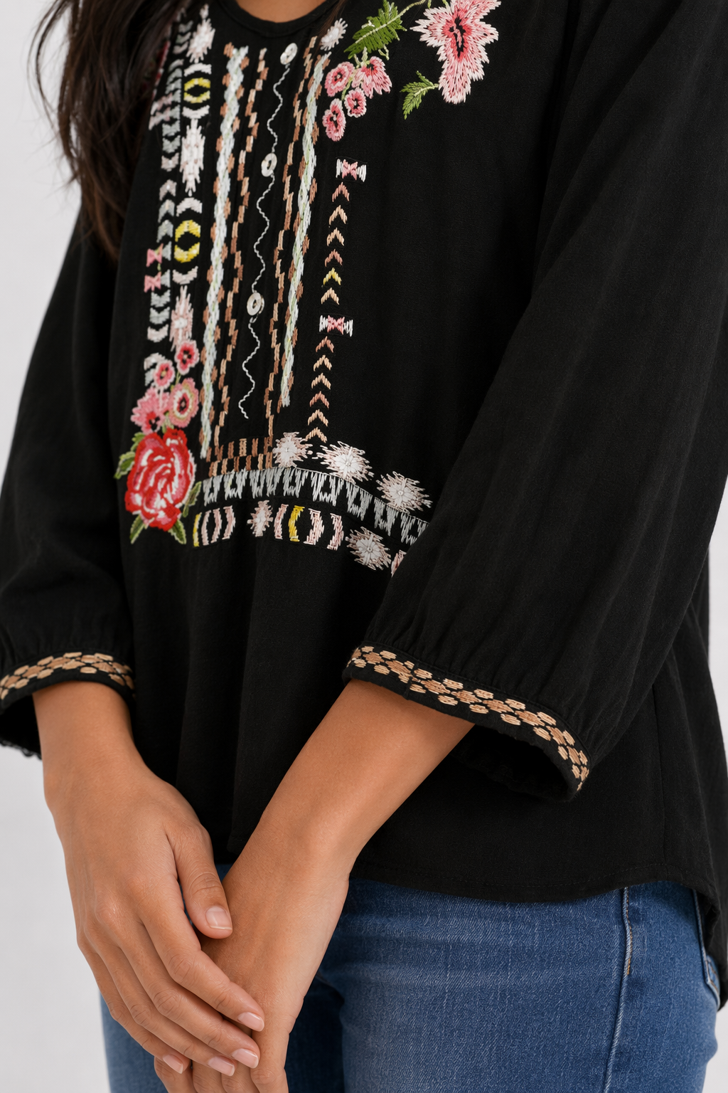 Embroidered Top with Three-Quarter Sleeves for Women Black