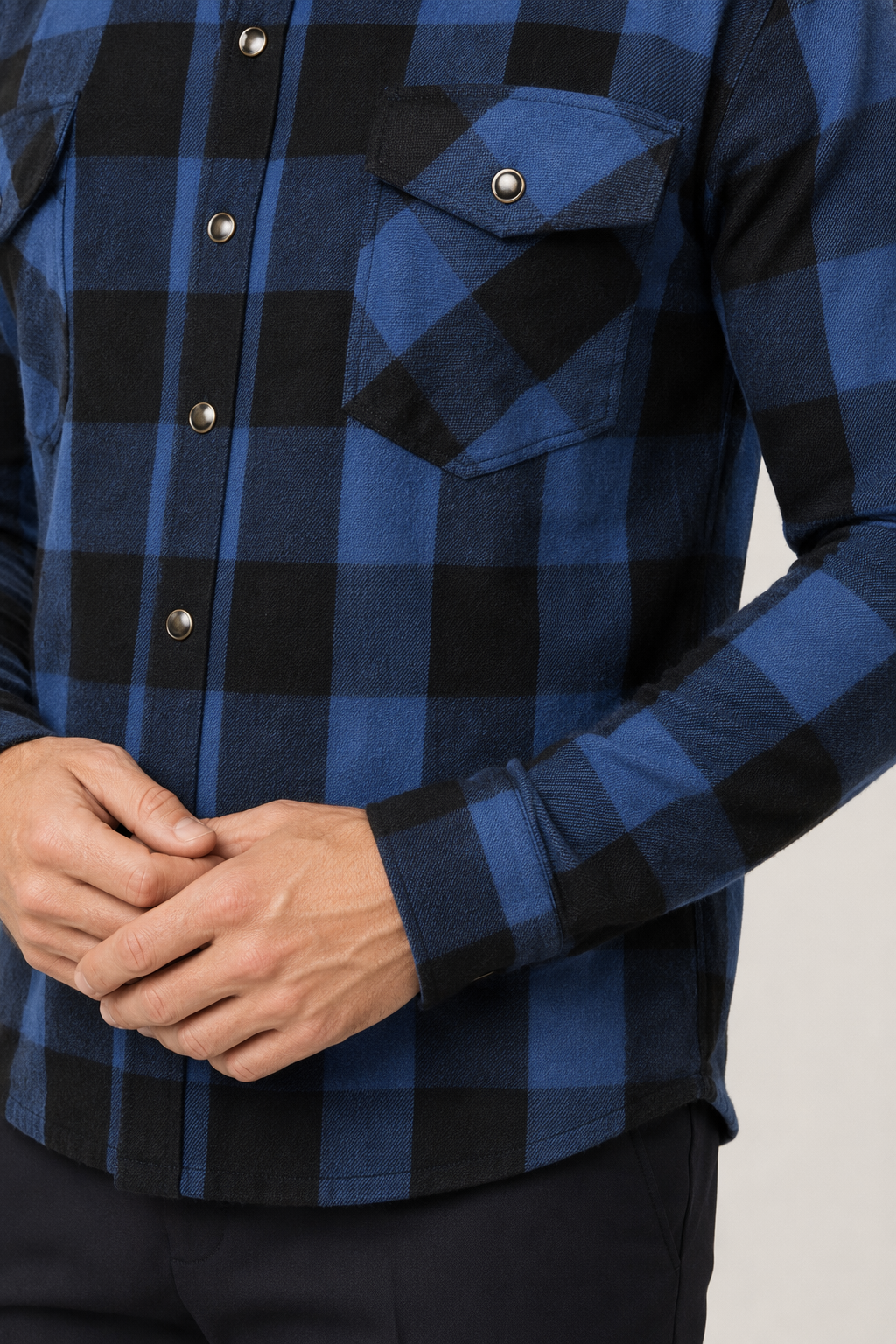 Long Sleeve Checkered Shirt with Dual Pockets for Men Blue