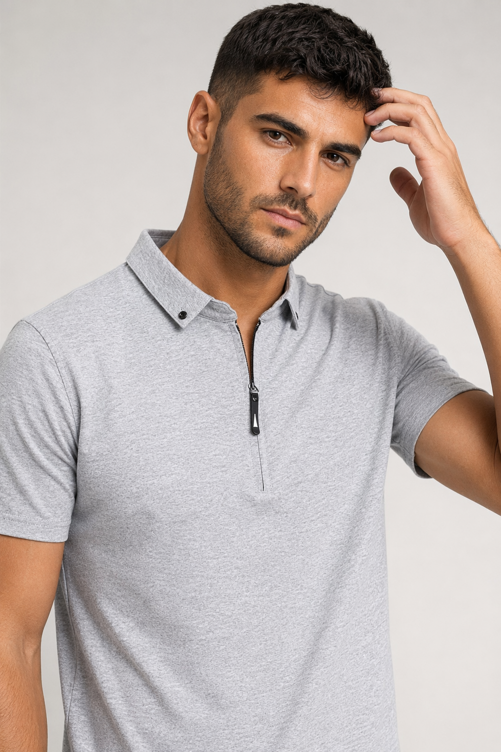 Half-Zip Polo Shirt for Men featuring Collar Embellishments Light Gray