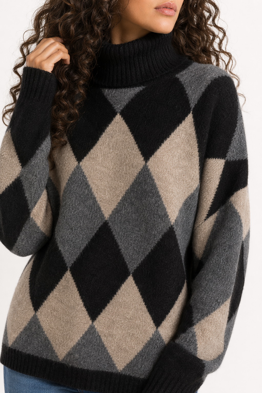 Turtleneck Sweater for Women with Argyle Design Black
