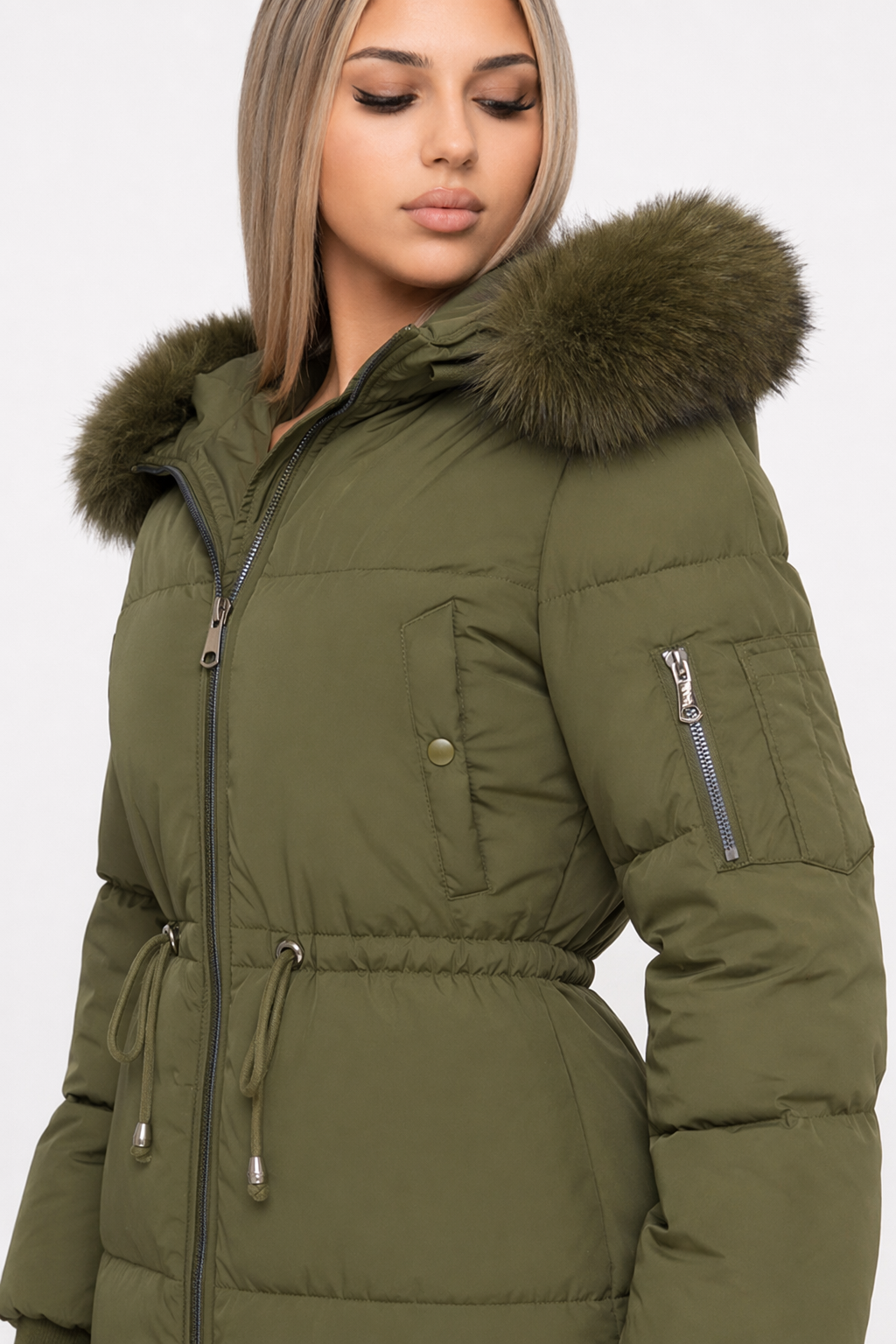 Cinch Waist Puffer Coat with Cozy Hood for Women Army Green