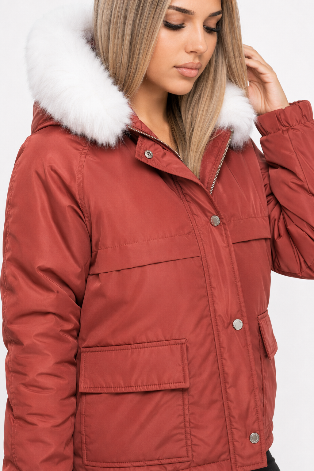 Red Hooded Winter Puffer Jacket for Women Default