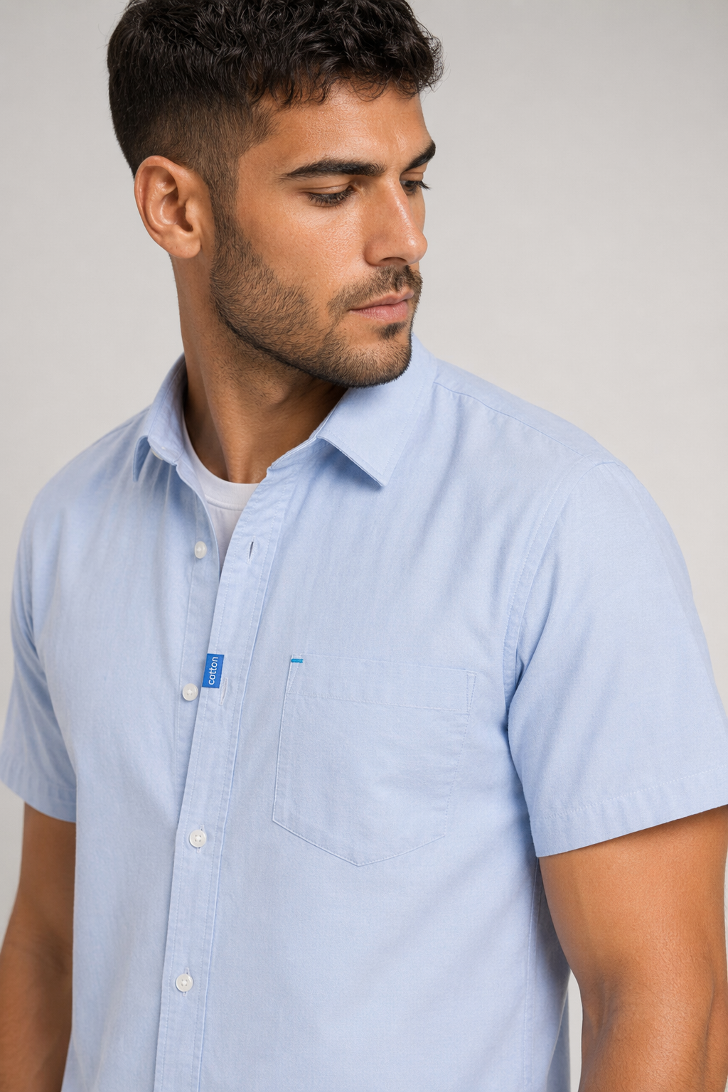 Short Sleeve Men's Button-Up Shirt Title Revision Light Blue