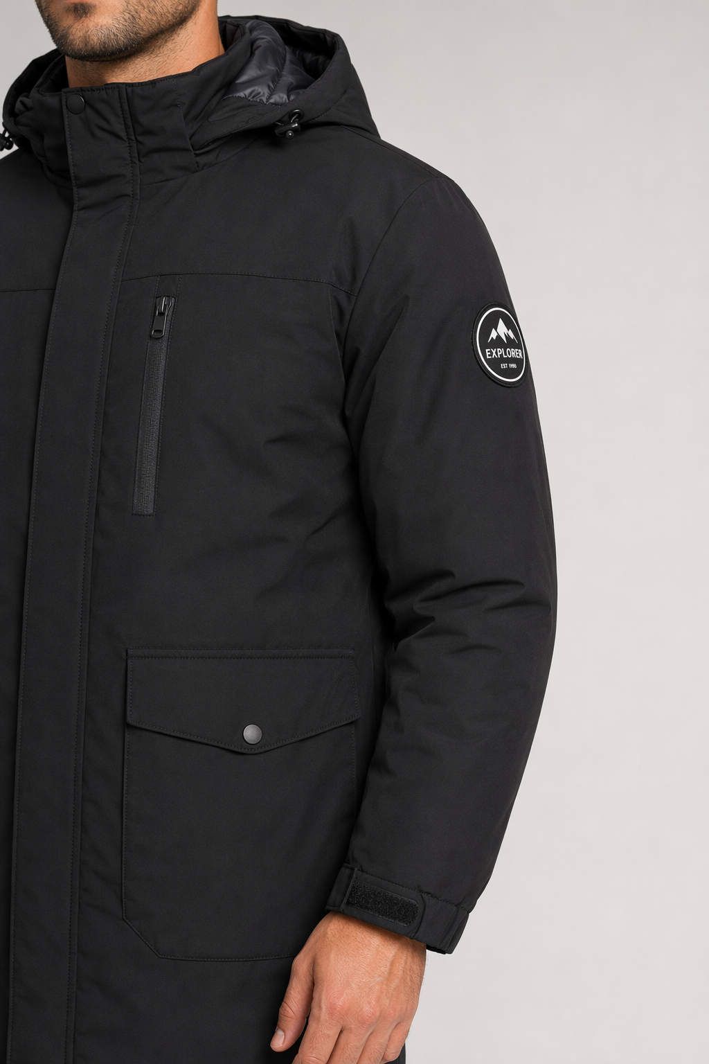 Windproof Hooded Jacket for Men - Mid Length Black