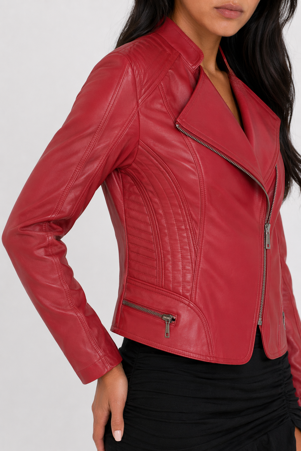 Cropped Motorcycle Jacket for Women with Zipper Accents Red