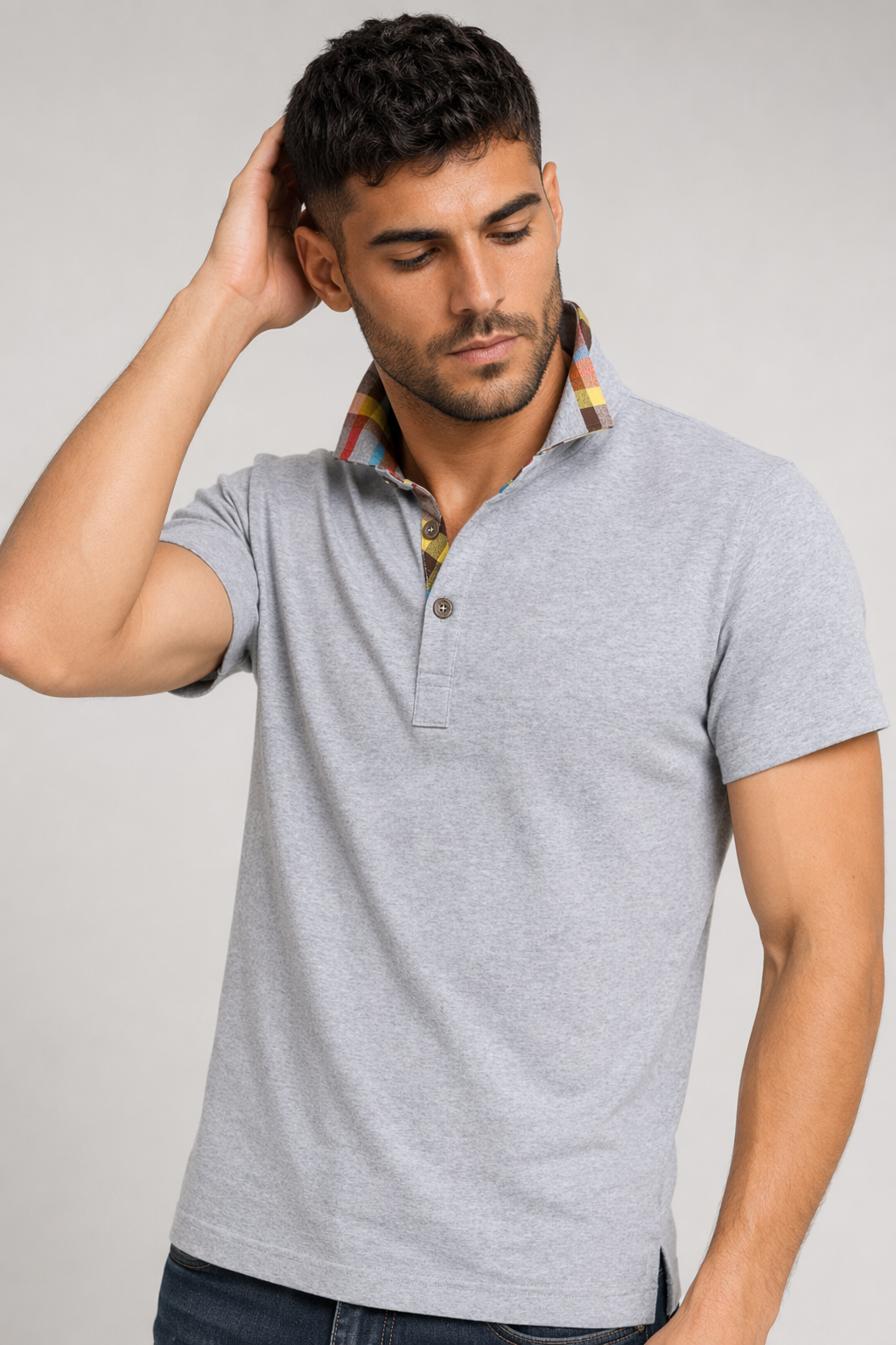 Plaid-Trimmed Polo Shirt for Men Gray