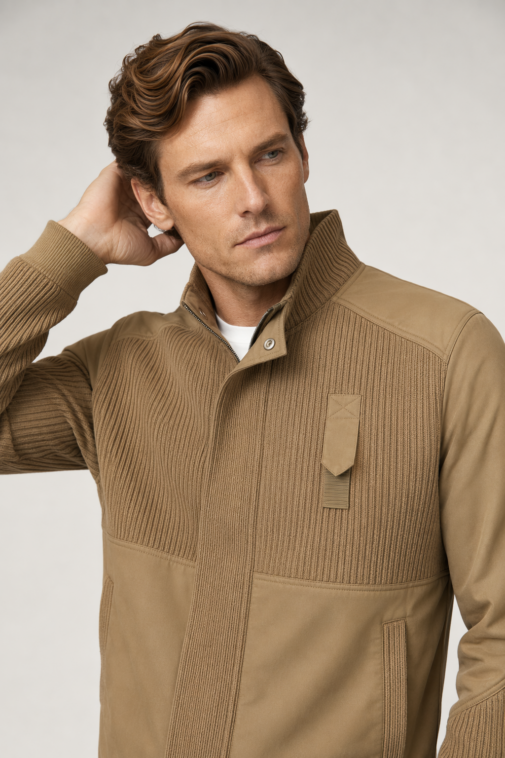 Patchwork Knit Jacket for Men Khaki