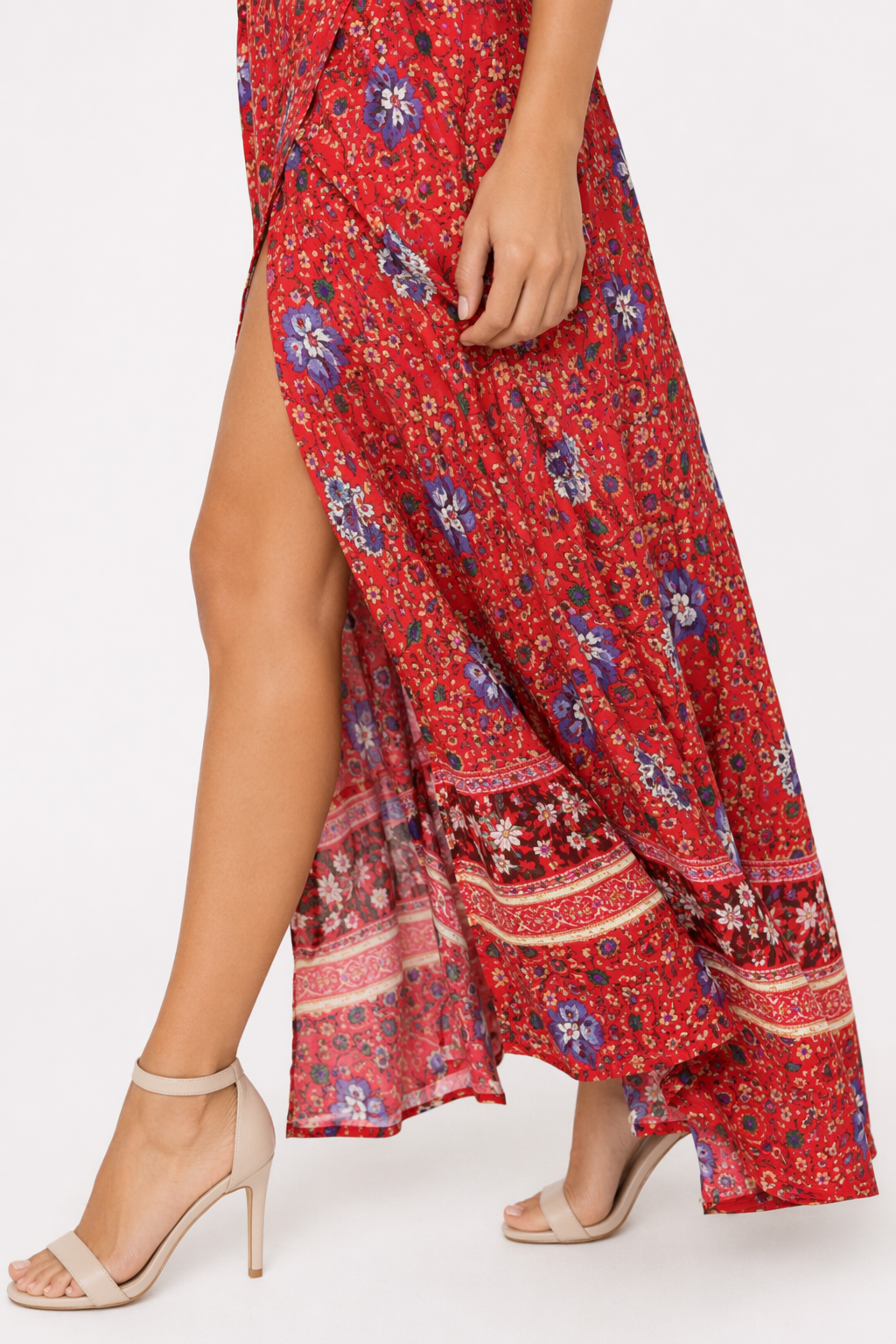 Floral Maxi Dress with V Neck and Wrap Design for Women Red