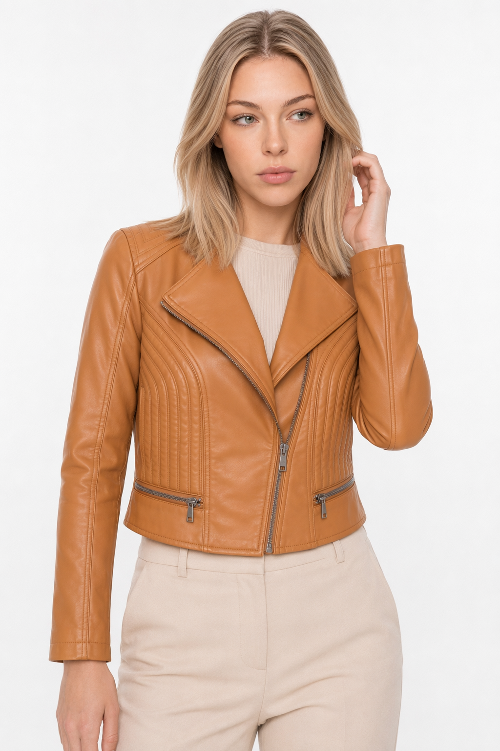 Cropped Motorcycle Jacket for Women with Slim Fit Camel