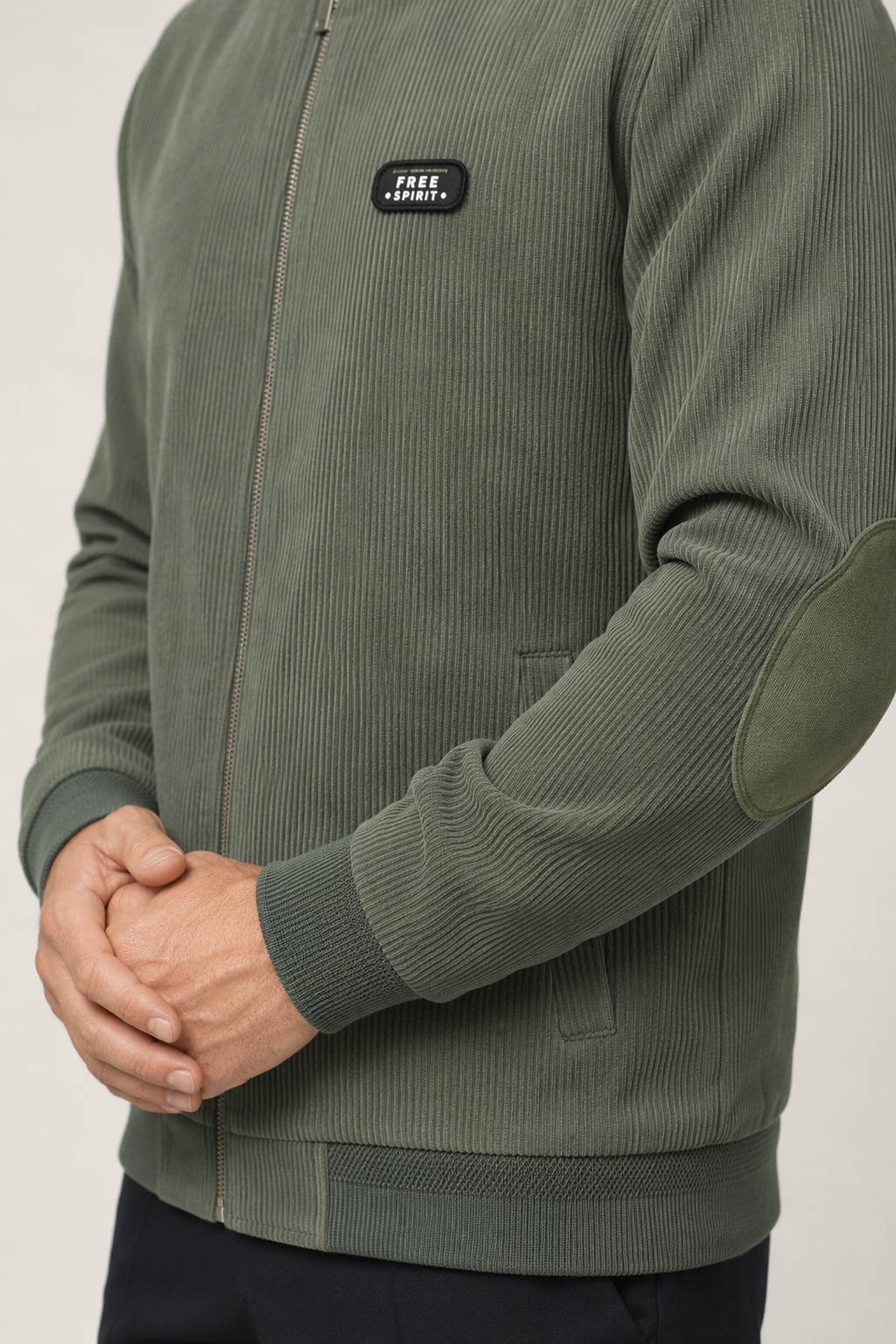 Winter Jacket with Elbow Patches and Zippered Collar for Men Green