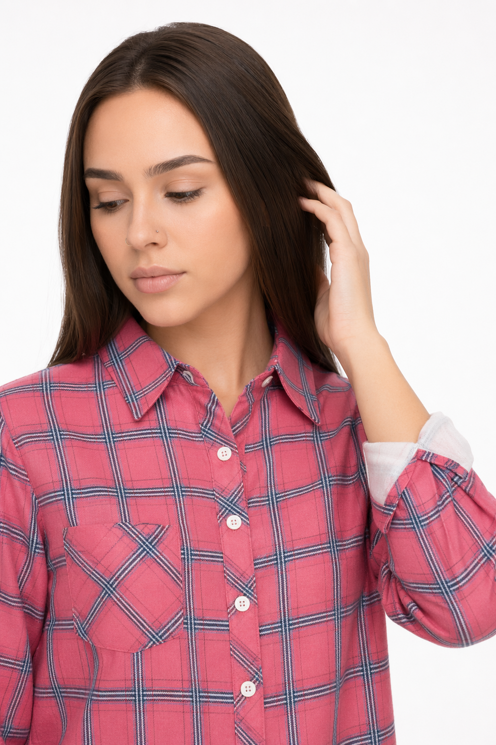 Casual Plaid Long Sleeve Shirt for Women Pink
