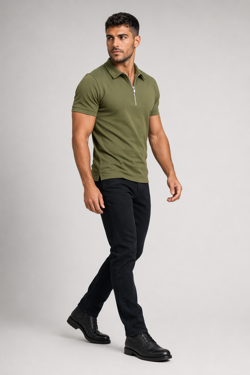 Zipper Polo Shirt for Men with Short Sleeves Army Green