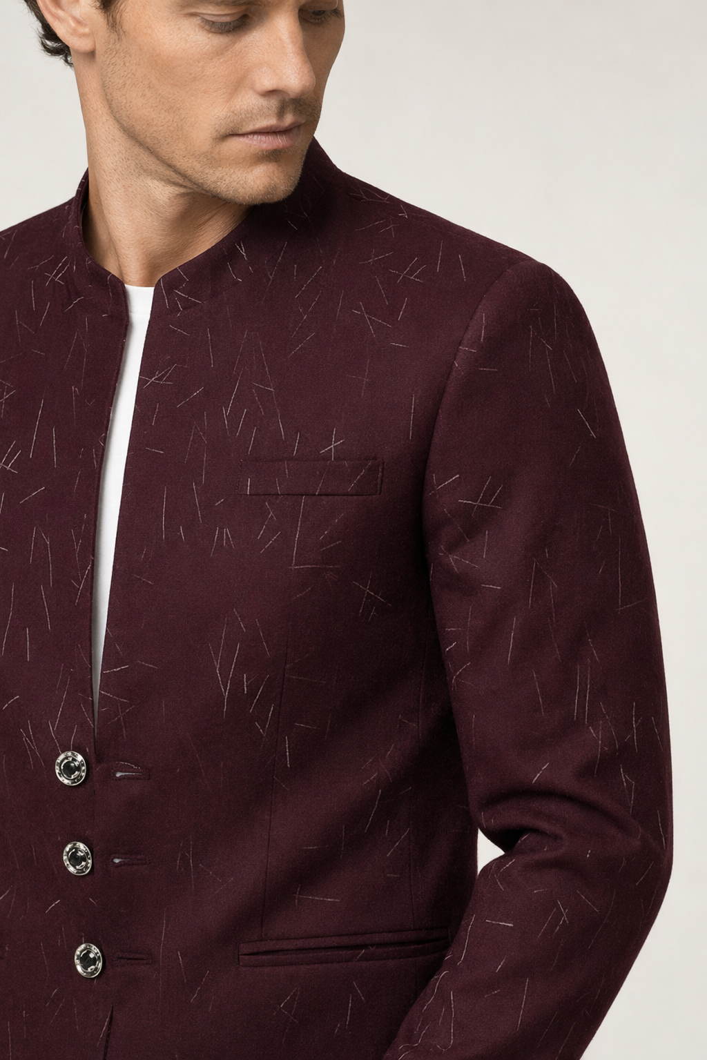 Slim Fit Circular Collar Patterned Men's Blazer Wine