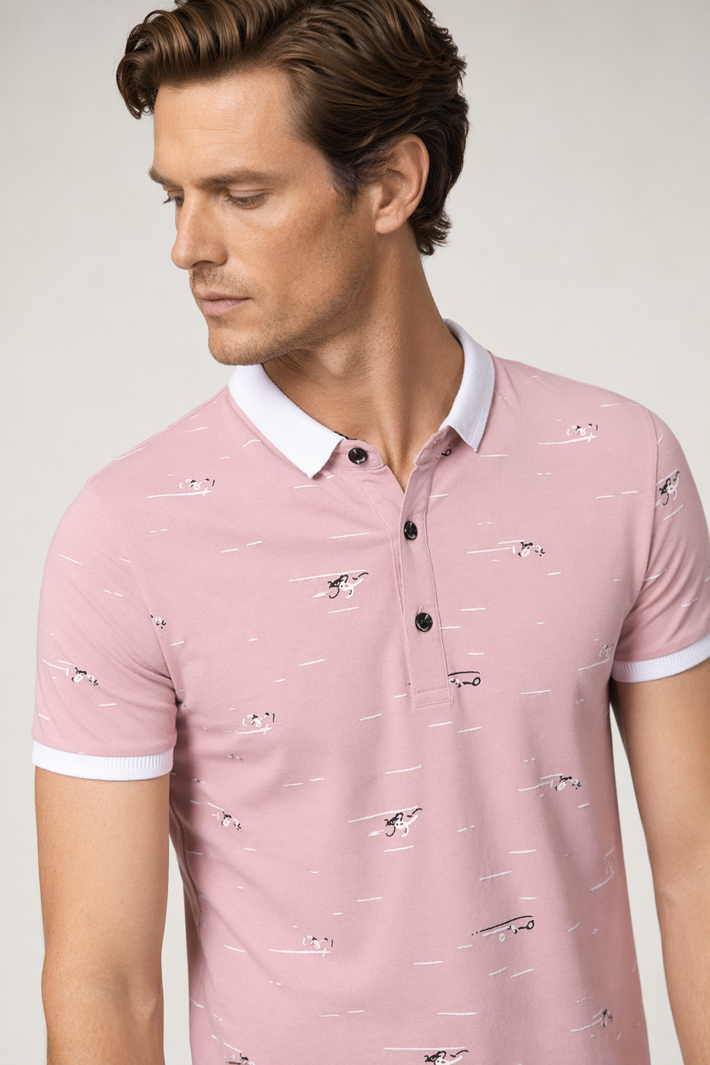 Printed Two-Toned Polo Shirt for Men Pink