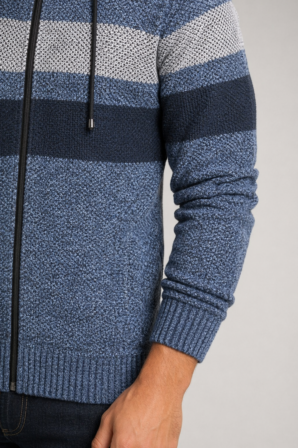 Hooded Men's Striped Knitted Sweater Blue