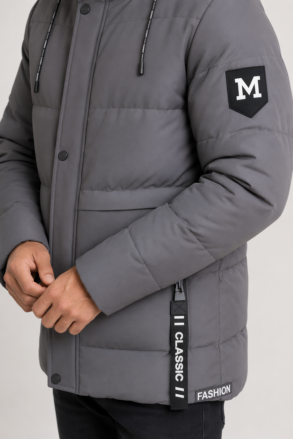 High Collar Men's Puffer Jacket with Detachable Hood Gray