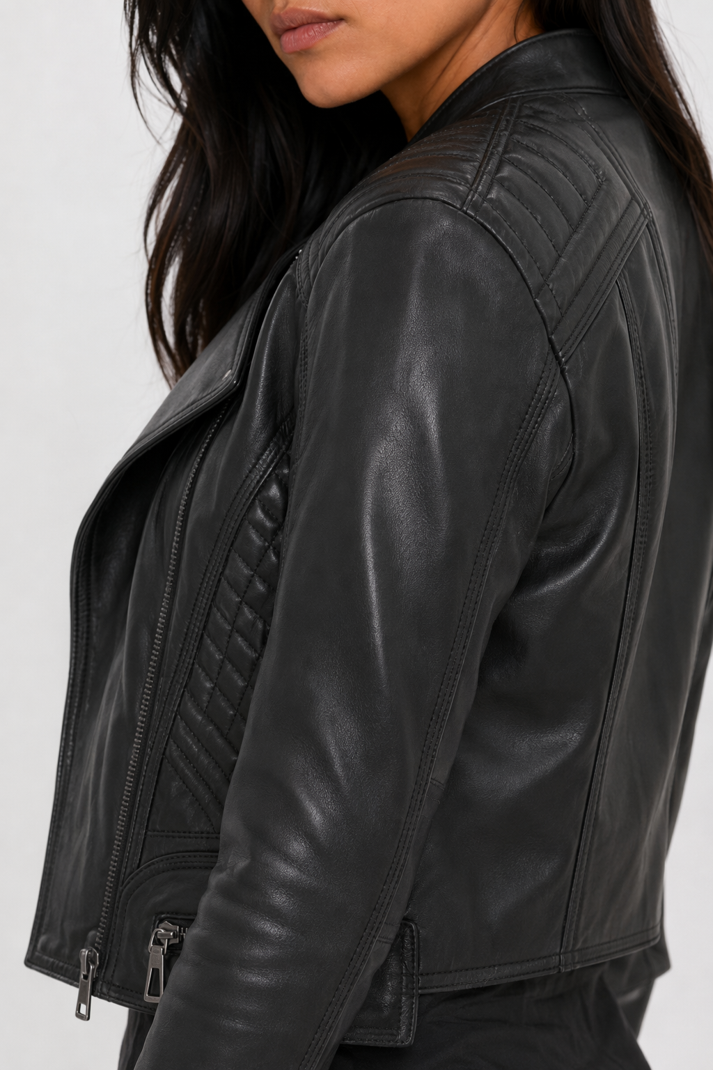 Cropped Motorcycle Jacket for Women with Zipper Accents Black