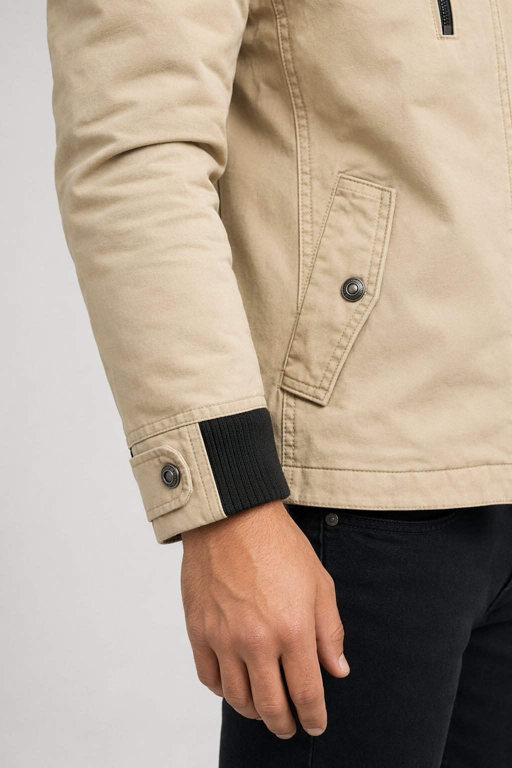 Faux Fur-Lined Military-Inspired Men's Jacket Beige