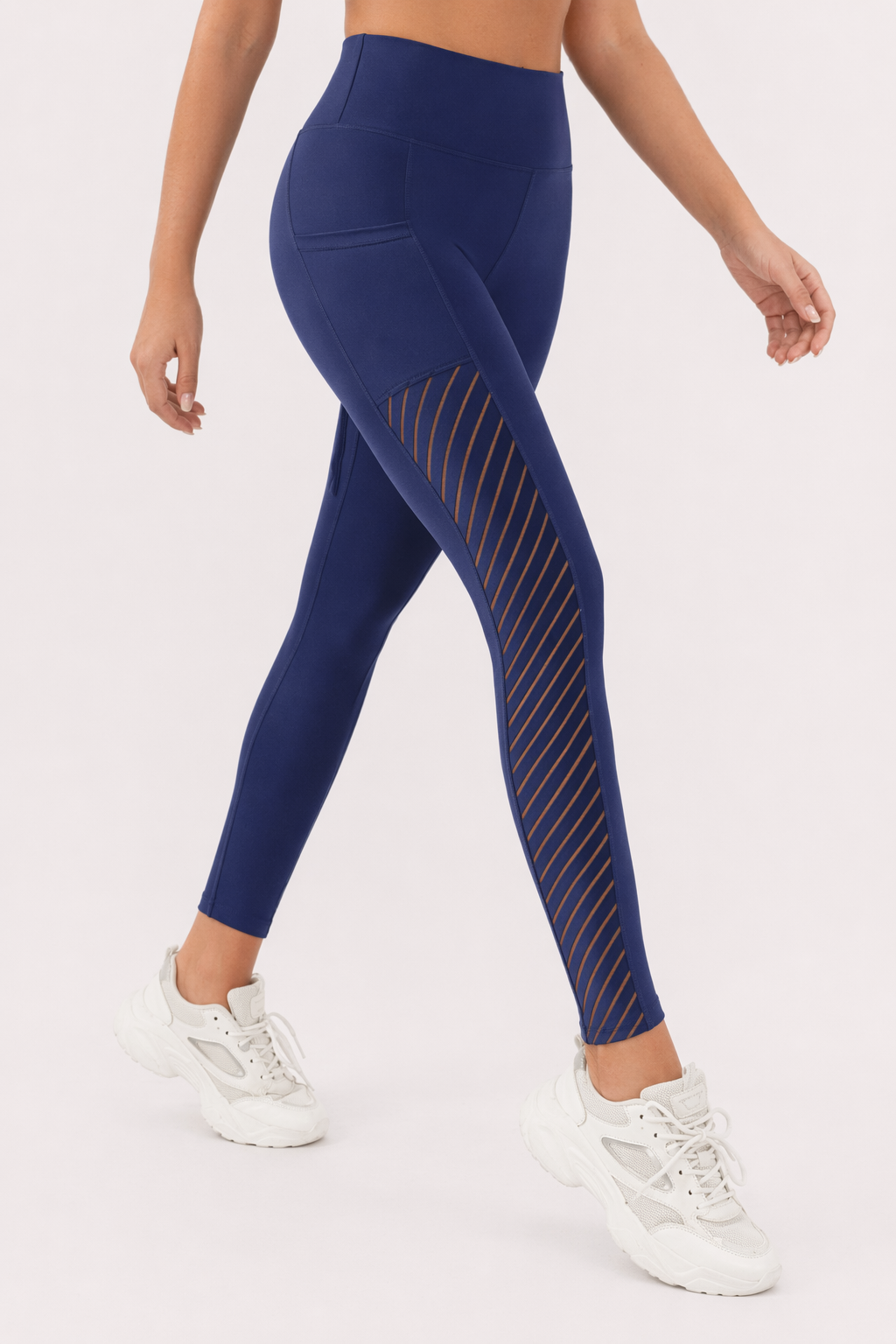 Mesh Panel High-Waisted Yoga Leggings featuring Pockets Navy