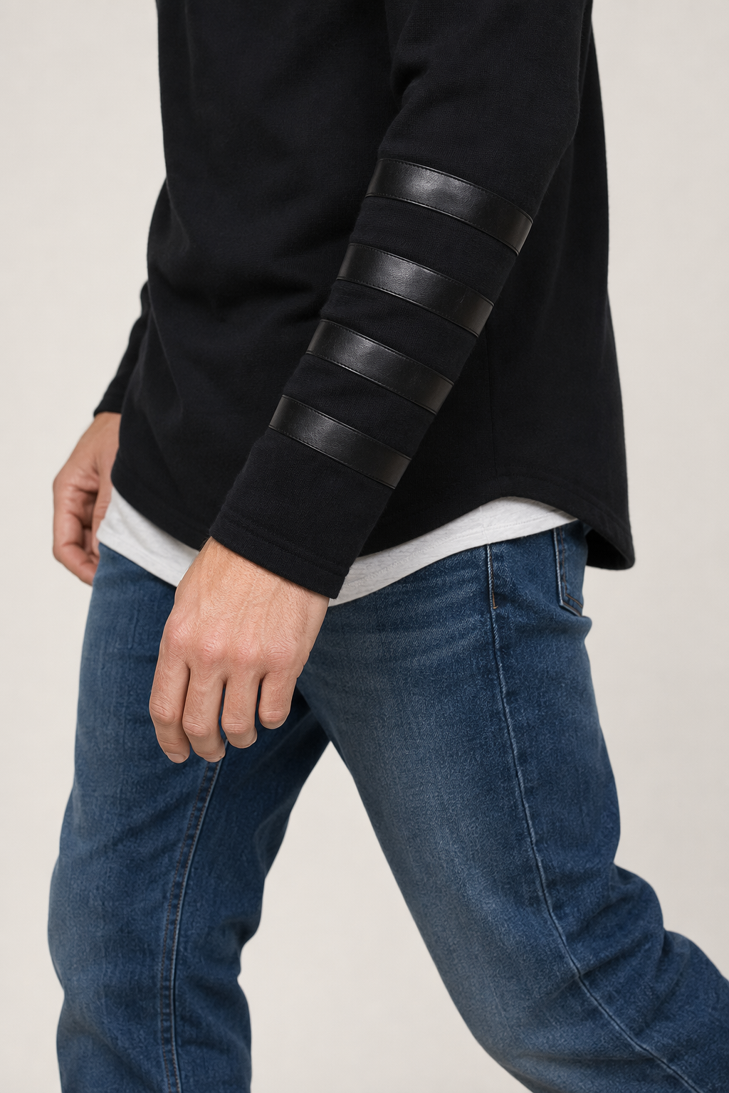 Pullover Hoodie for Men with Faux Leather Accents and Lace-Up Design Black