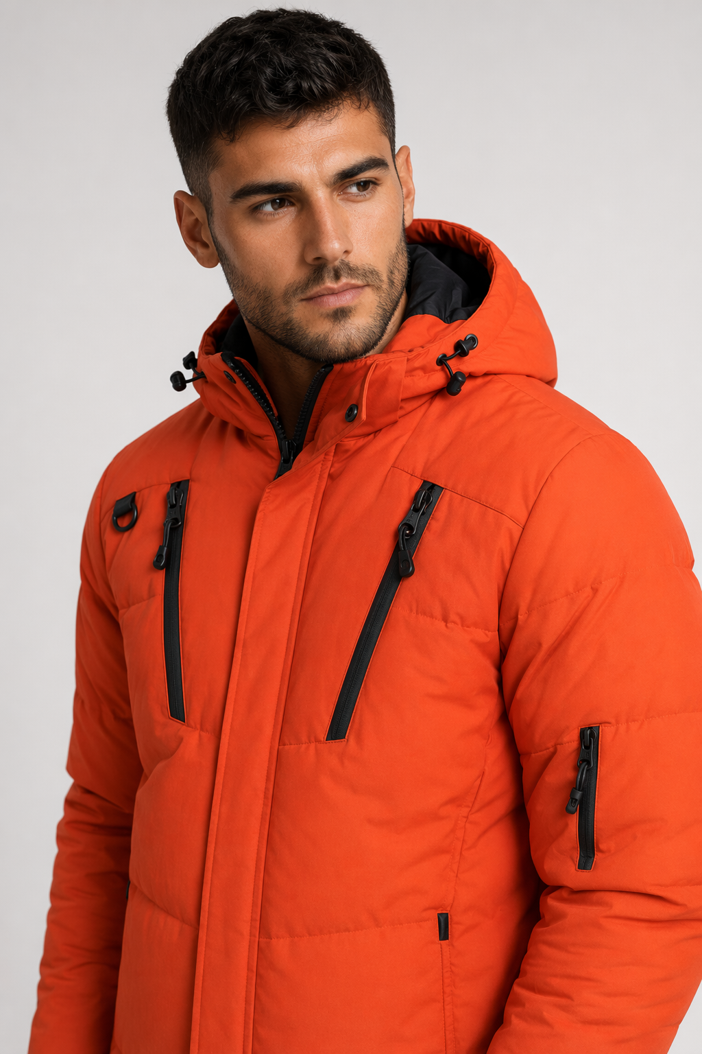 High Collar Men's Puffer Jacket with Detachable Hood Orange