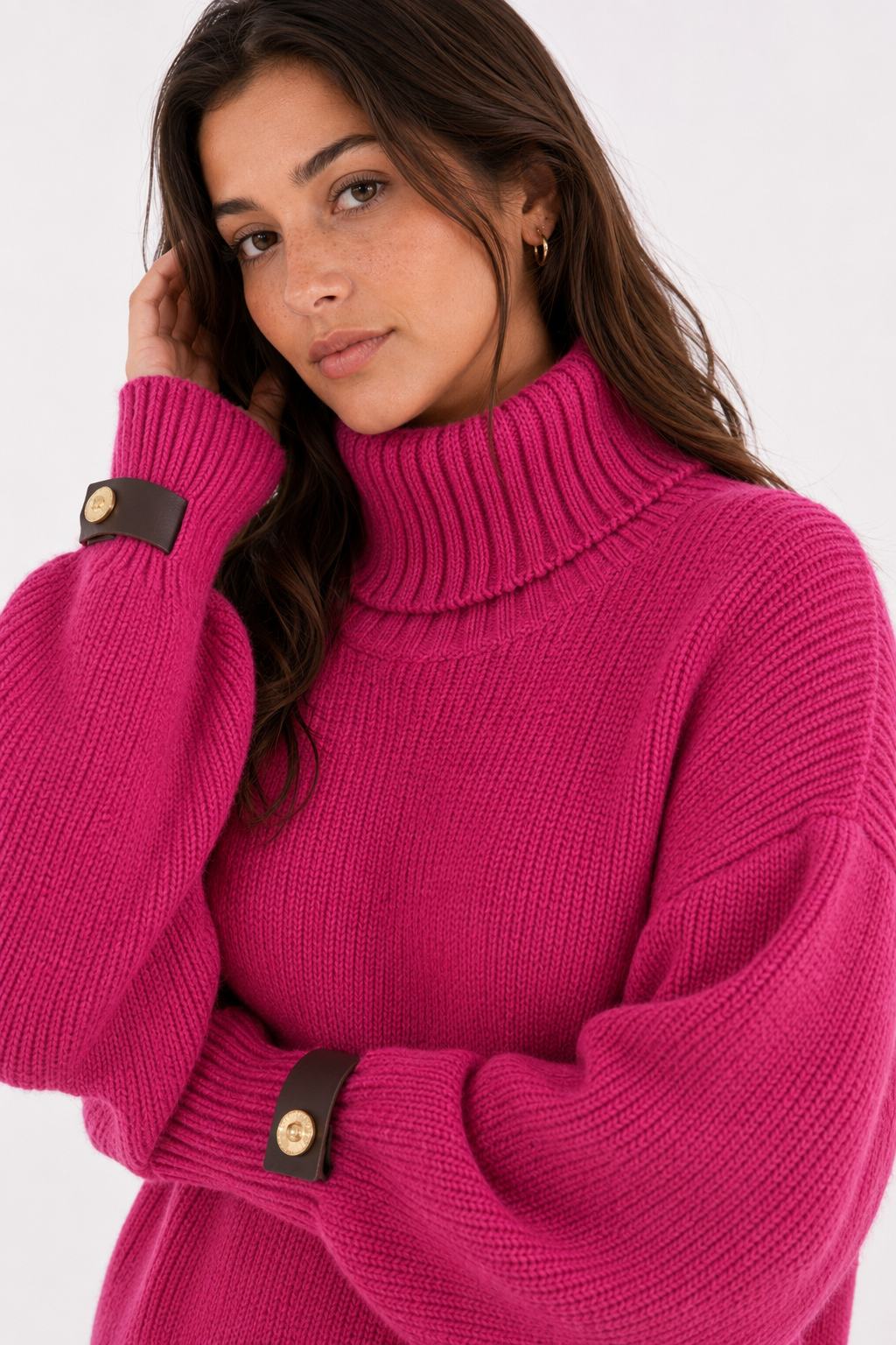 Women's Turtleneck Pullover with Sleeve Accents Pink