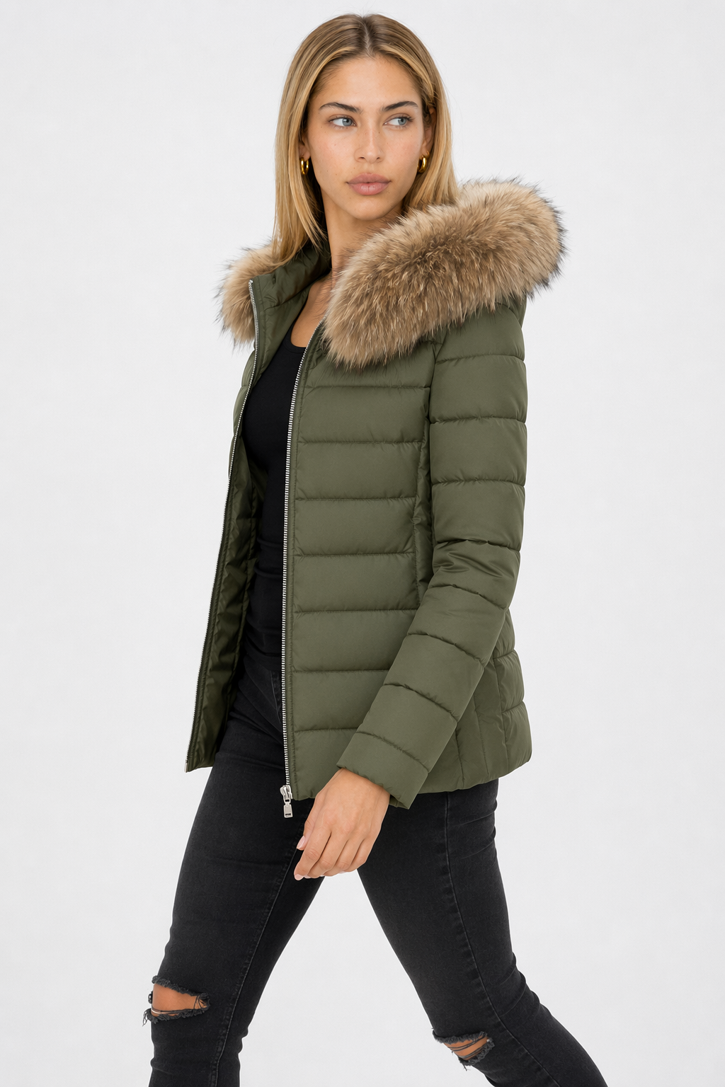 Army Green Slim Fit Hooded Zip Up Winter Short Coat for Women Default