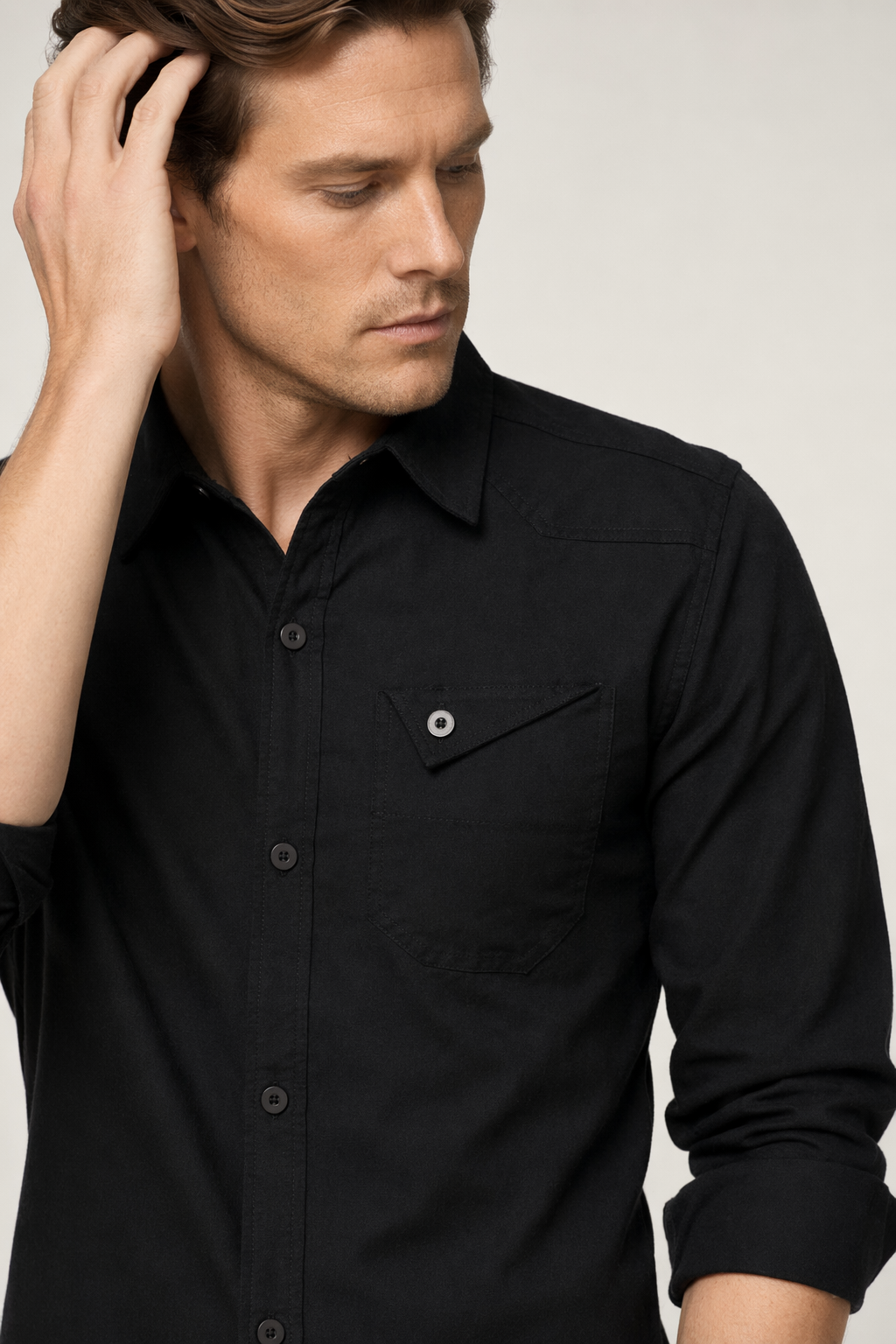Classic White Long Sleeve Shirt with Flip Pocket and Button Front for Men Black
