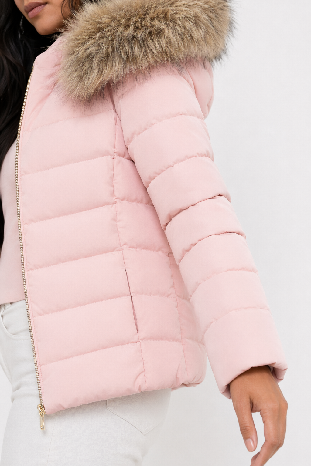Slim Fit Pink Hooded Winter Zip Up Short Coat for Women Default