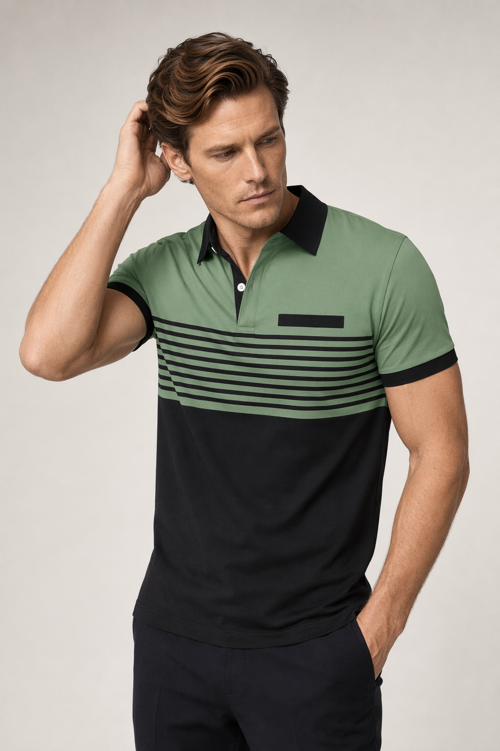 Short Sleeve Casual Polo Shirt with Striped Print for Men Army Green