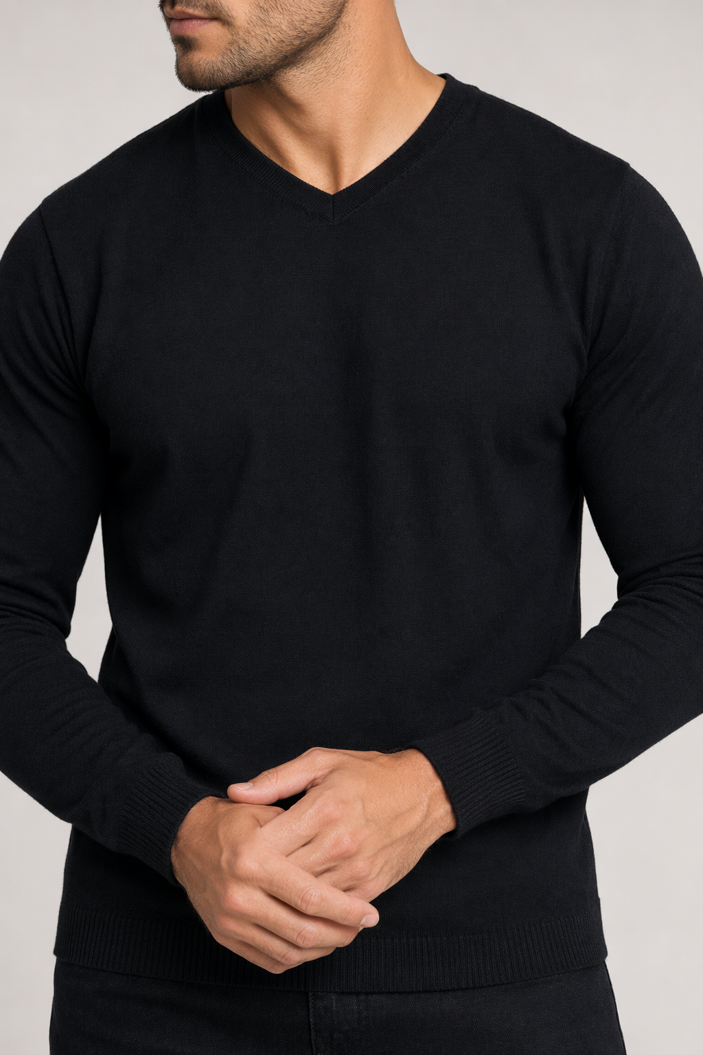 Knitted Top for Men with a V Neck Black