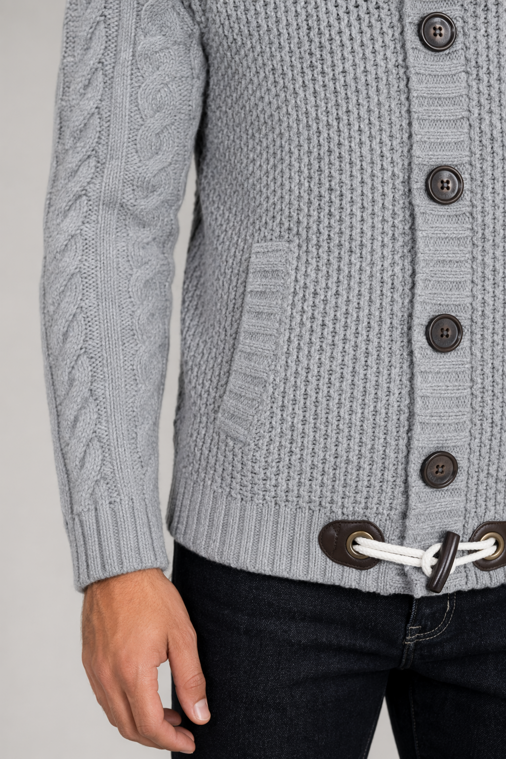 Horn Button Men's Cardigan with Shawl Collar Gray