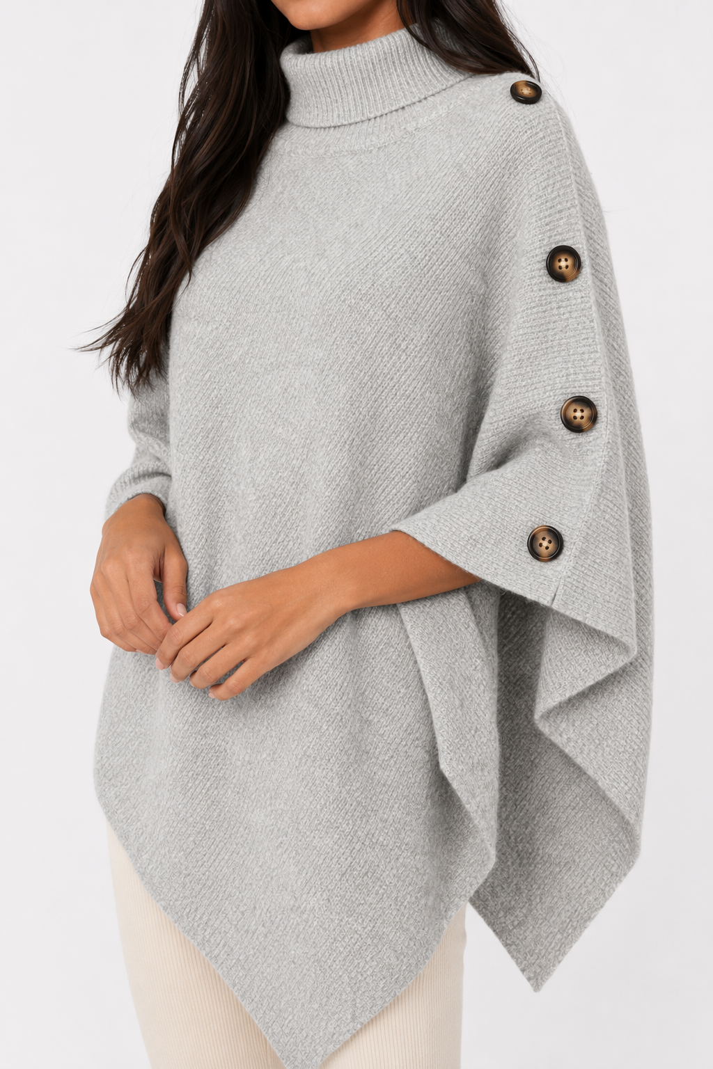 Side Button Detailed Turtleneck Poncho for Women Gray