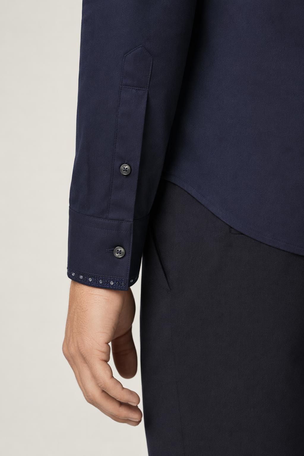 Men's Button-Up Shirt with Unique Pocket and Sleeve Accents Navy