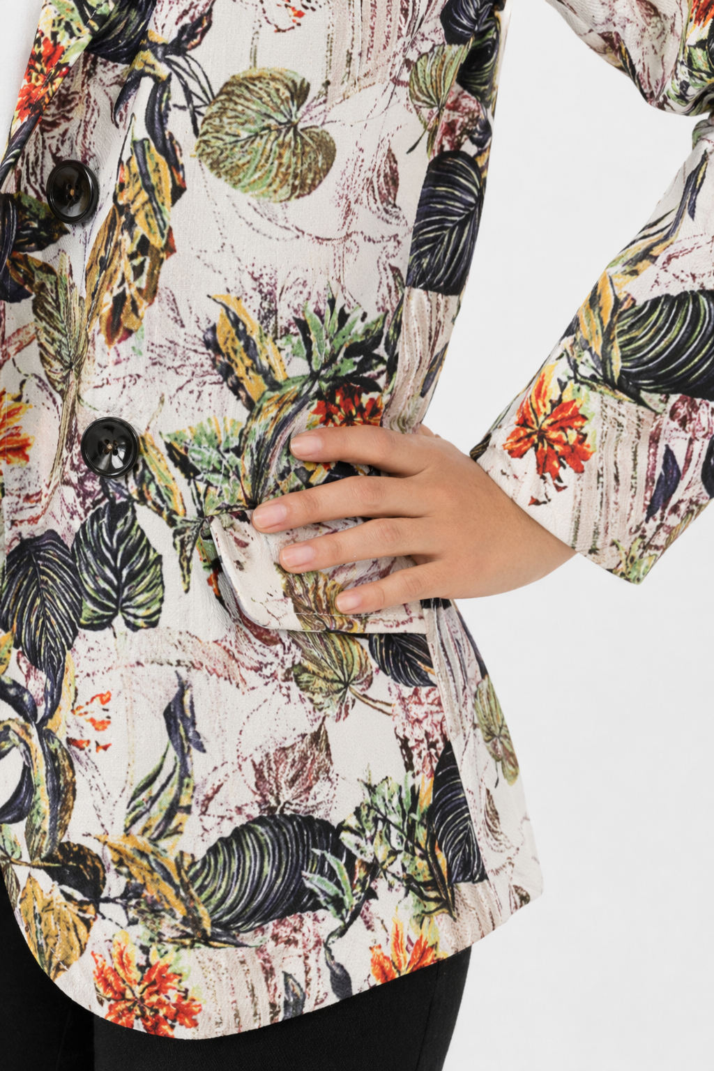 Floral Long Sleeve Blazer with Double Buttons for Women A