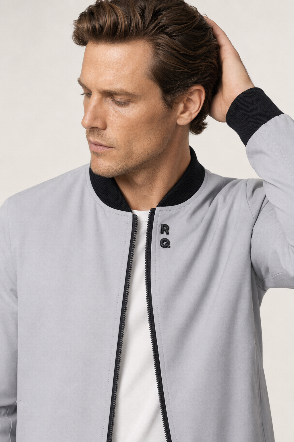 Round Neck Zipper Jacket for Men with Built-in Insulating Layer Gray