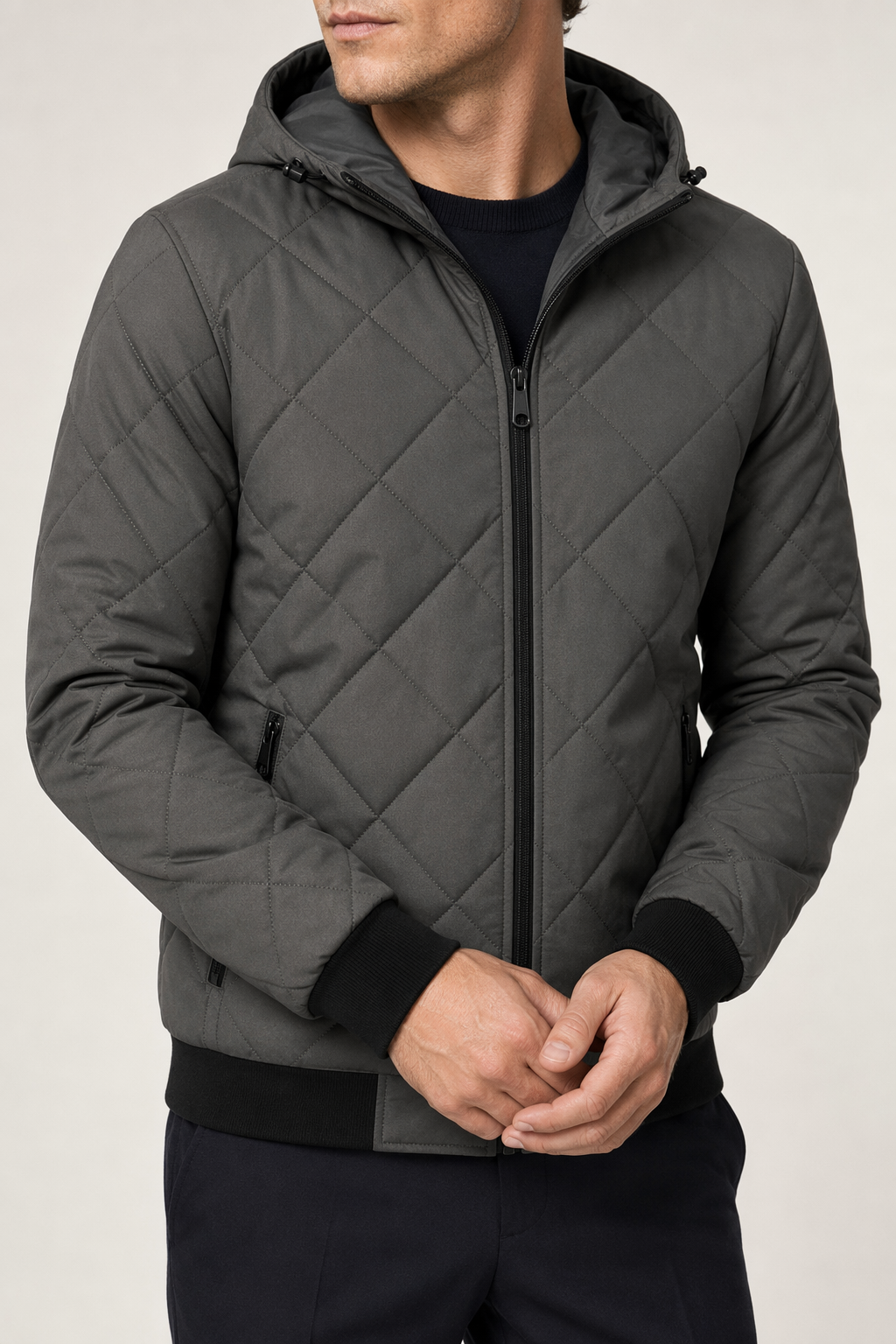 Quilted Hooded Jacket for Men with Zipper Closure Gray
