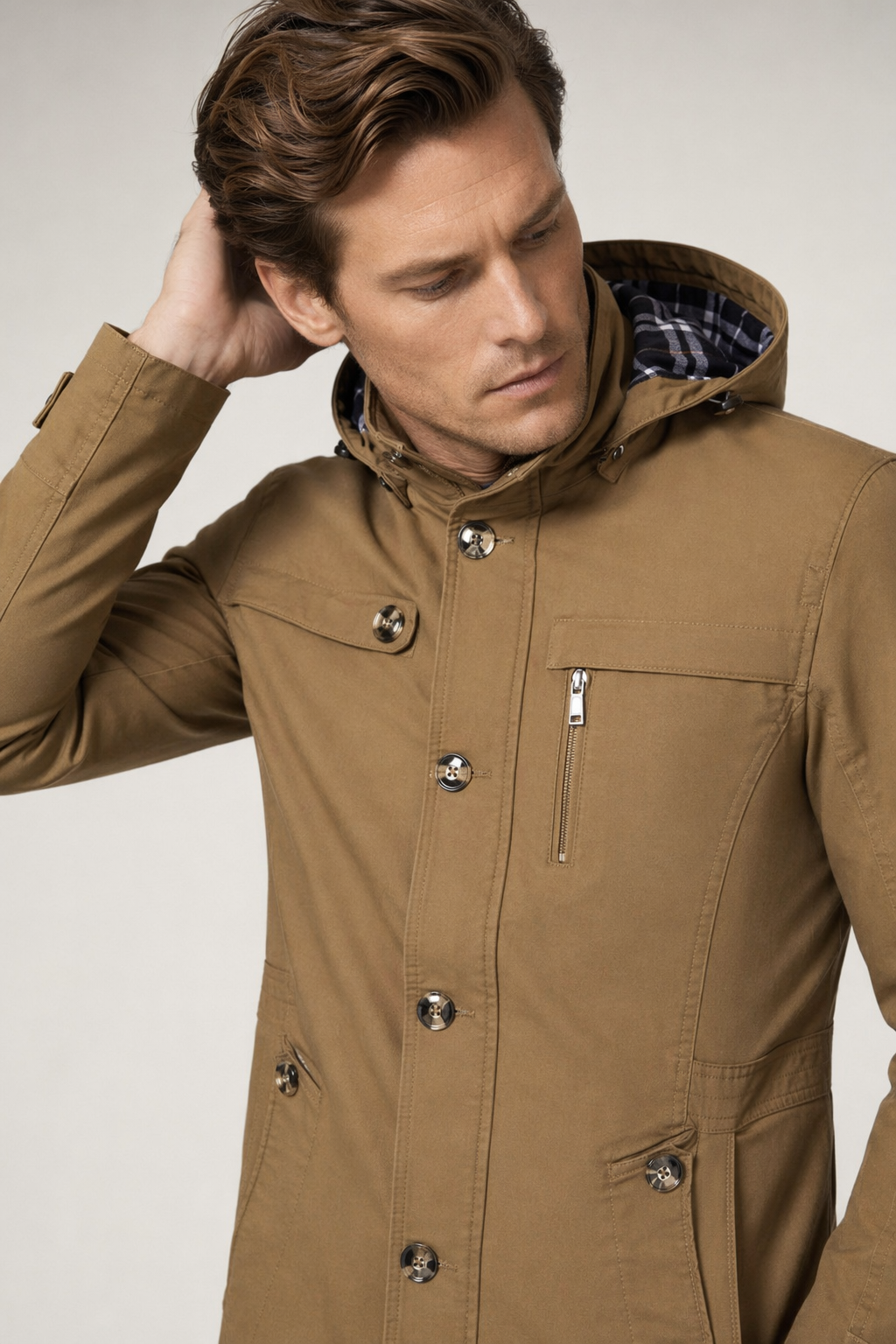 Winter Trench Coat with Mid Length and Hood for Men Brown