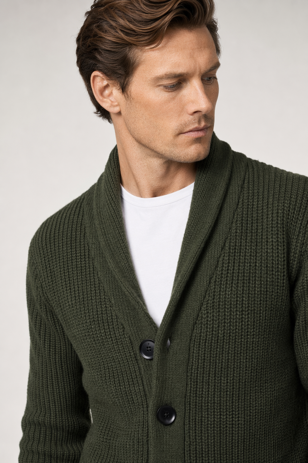 Chunky Knit Cardigan for Men with Shawl Neckline Army Green
