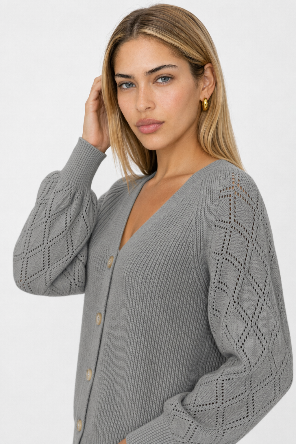 Women's Open Knit Button-Up Sweater Gray