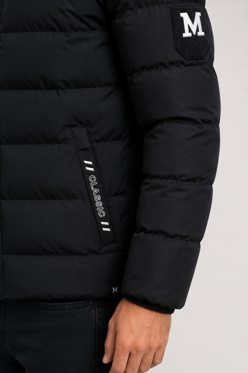 High Collar Men's Puffer Jacket with Detachable Hood Black